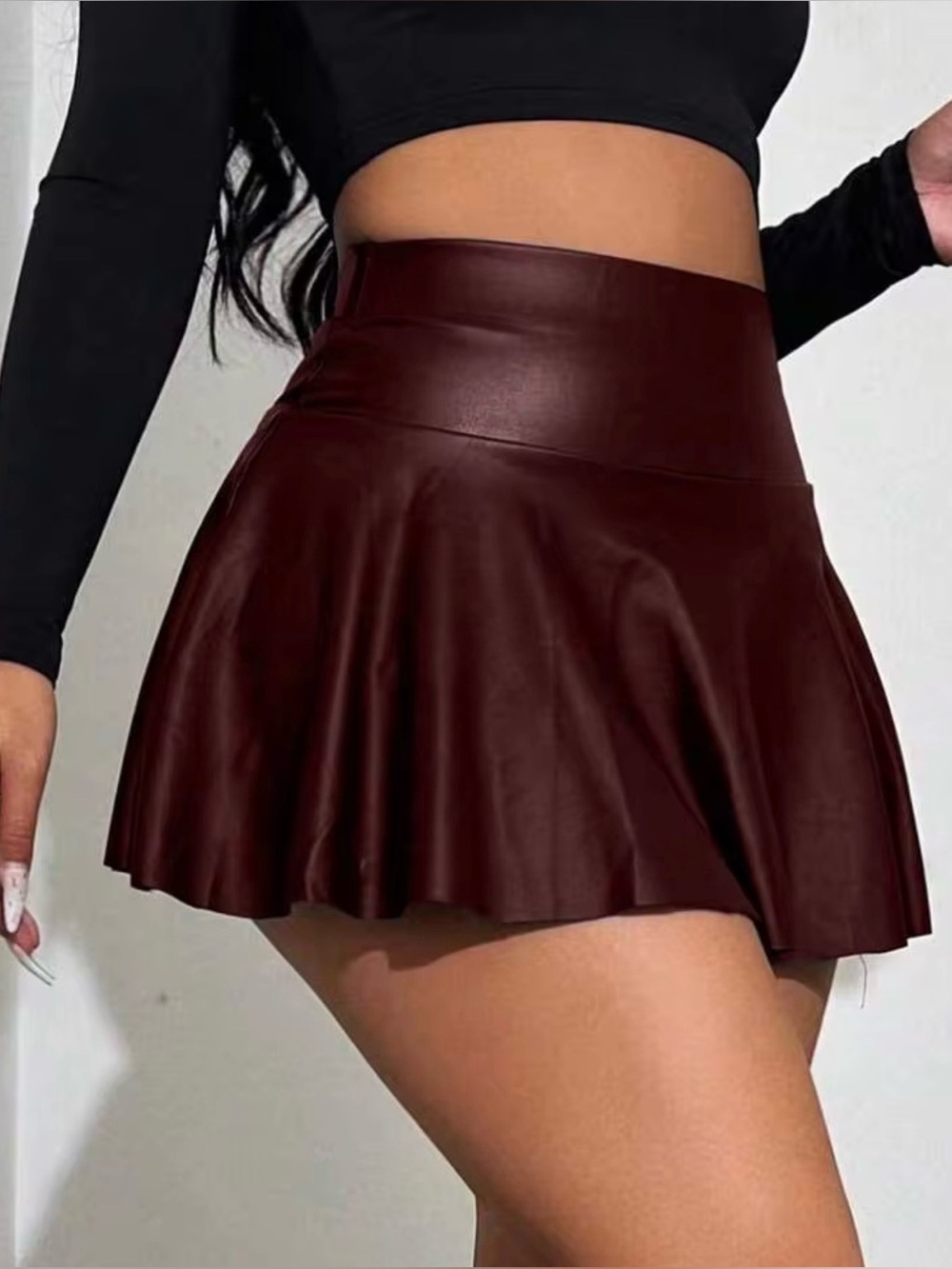High-Waist Faux Leather Mini Skater Skirt in Dark Burgundy